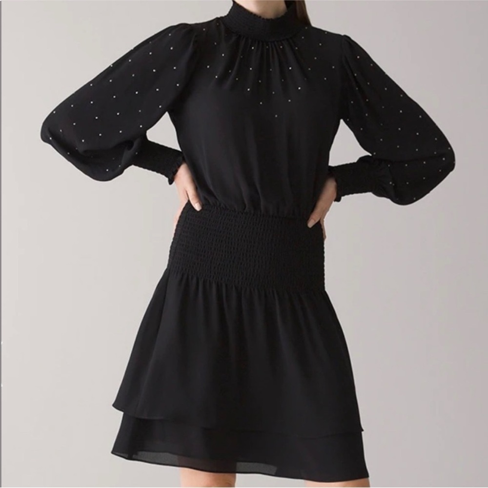 NWT White House Black Market Rhinestone Studded Blouson Dress Black Large $170